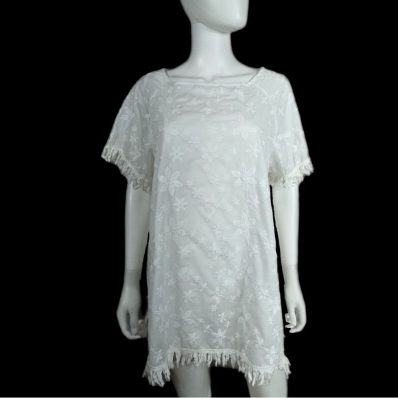 Women’s White Embroidered Floral Fringe Edge Tunic Dress - Picture 1 of 6